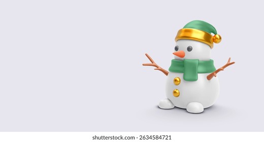Cute Snowman With Green Scarf And Hat In Minimal 3D Style, Featuring Stick Arms And Gold Details, Perfect For Christmas, Winter, And Holiday Themes. Festive Vector Illustration