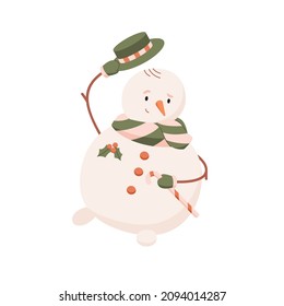 Schneemann süß mit dieser Tipp-Geste. Weihnachtsschneecharakter mit Bonbons. Traditioneller Winterurlaubsschneemann mit Karottennase. Flache Vektorgrafik einzeln auf weißem Hintergrund