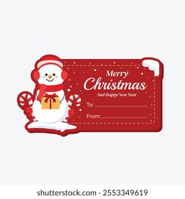 Cute snowman greeting card label decorated with candy cane and snow for christmas festive flat illustration