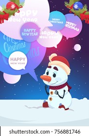 Cute Snowman Greeting With Merry Christmas And Happy New Year Holiday Card With Chat Bubbles Messages Flat Vector Illustration