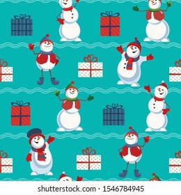 Cute snowman hand drawn vector seamless pattern. Holiday cartoon fun snowball. Merry Christmas winter season decorative wallpaper. New Year eve web banner design, print cover background illustration
