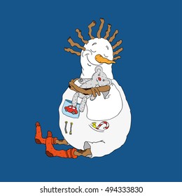 Cute Snowman. Handmade drawing. Hand drawn.