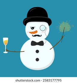 Cute snowman in a hat, bow tie on his neck, glass of champagne in his hand, sparkler, monocle on his eye. New Year Christmas card. Snowman isolated on blue background. Vector illustration.