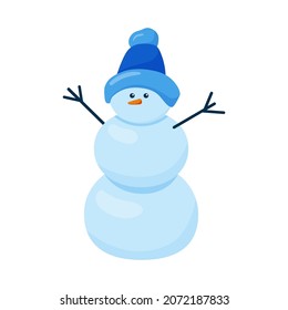 Cute Snowman in hat and carrot isolated on white. Childish vector cartoon illustration.