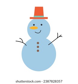 Cute Snowman in hat and carrot isolated on white. Childish vector cartoon illustration.