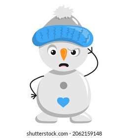 A cute snowman in a hat is confused, shocked, upset, raised his hand to his head.