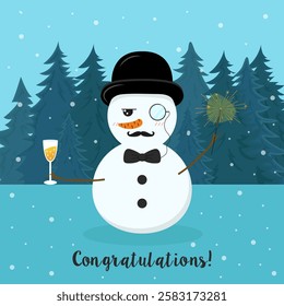 Cute snowman in a hat, a glass of champagne in his hand, a sparkler, a monocle on his eye. New Year Christmas card. Vector illustration.