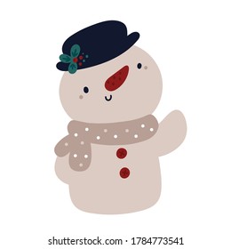 Cute snowman in hat isolated on a white background. Cartoon character on a festive theme for the new year or Christmas.  Childish vector Illustration for happy new year celebration