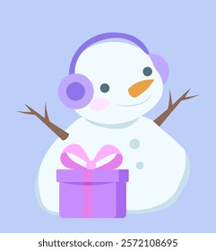 Cute snowman in hat. Man from snow with gift box and violet headphones. Cold season, New Year and Christmas, Noel Eve. Sticker for social networks and messengers. Flat vector illustration