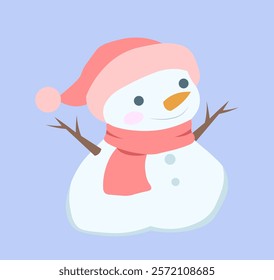 Cute snowman in hat. Man from snowballs in pink hat and scarf. Cold season, New Year and Christmas, Noel Eve. December or January. Character in warm clothes. Flat vector illustration