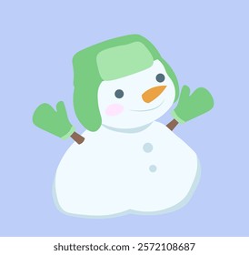 Cute snowman in hat. Man from snowballs in green hat and mittens. Cold season, New Year and Christmas, Noel Eve. December or January. Social media sticker. Flat vector illustration