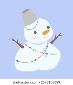 Cute snowman in hat. Man from snowballs in bucket on head. Cold season, New Year and Christmas, Noel Eve. December or January. Brochure or booklet. Flat vector illustration