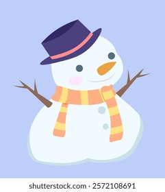 Cute snowman in hat. Man from snowballs in scarf and hat. Cold season, New Year and Christmas, Noel Eve. December or January. Template and layout. Flat vector illustration