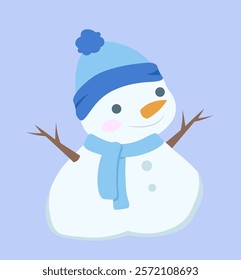 Cute snowman in hat. Man from snowballs in blue scarf and hat. Cold season, New Year and Christmas, Noel Eve. December or January. Graphic element for website. Flat vector illustration