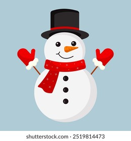 Cute snowman in a hat, mittens and scarf. Vector christmas character icon