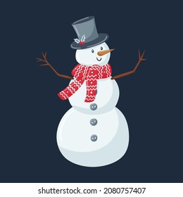 A cute snowman in a hat and a patterned scarf stands with open arms. A Christmas cartoon character in a flat style is isolated on a dark background. Color vector illustration