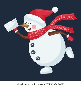 A cute snowman in a hat and a patterned scarf runs with a letter for Santa in his hands. A Christmas cartoon character in a flat style is isolated on a dark background. Color vector illustration.
