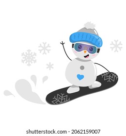 A cute snowman in a hat is riding a snowboard.