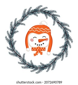 Cute snowman in hat and scarf in childish style with frame from festive Christmas wreath. Funny character with happy face. Vector flat illustration for holiday and new year