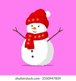 Cute snowman in hat and scarf. Colored silhouette. Front side view. Vector simple flat graphic hand drawn illustration. Isolated object on pink background. Isolate.