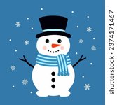 Cute Snowman with Hat, Scarf, and Falling Snowflakes. Isolated Vector Illustration on blue background. Flat Design