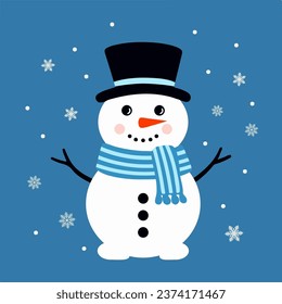 Cute Snowman with Hat, Scarf, and Falling Snowflakes. Isolated Vector Illustration on blue background. Flat Design