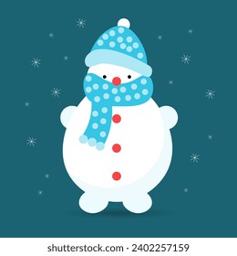 Cute snowman in a hat and scarf, flat style. Cartoon illustration, print for children, vector