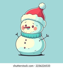Cute Snowman with hat and scarf isolated on white background.Vector of fun snowman. Vector illustration. digital painting of snowman. cartoon snowman isolated. Christmas Background. christmas theme