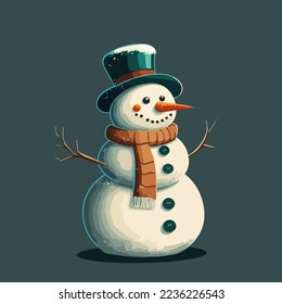 Cute Snowman with hat and scarf isolated on white background.Vector of fun snowman. Vector illustration. digital painting of snowman. cartoon snowman isolated. Christmas Background. christmas theme