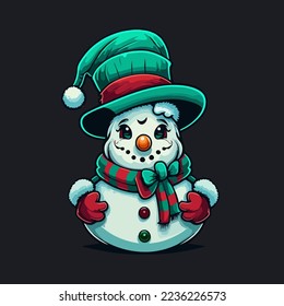 Cute Snowman with hat and scarf isolated on white background.Vector of fun snowman. Vector illustration. digital painting of snowman. cartoon snowman isolated. Christmas Background. christmas theme