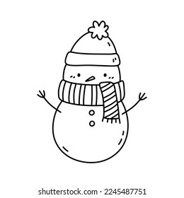 Cute snowman in a hat and scarf isolated on white background. Vector hand-drawn illustration in doodle style. Kawaii character. Perfect for cards, decorations, logo and Christmas designs.
