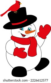 Cute snowman in a hat, scarf and mittens. Cardinal bird. Christmas and New Year.