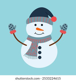 Cute snowman in hat, scarf and mittens. Christmas funny winter character. Vector flat hand drawn illustration.