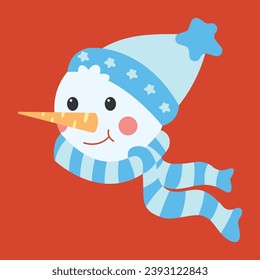 Cute snowman with a hat and scarf. New year and christmas kawaii character for postcard, greeting card, logo, poster for design kids room. 