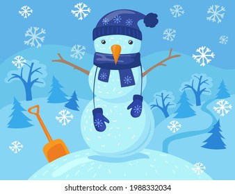 Cute snowman with hat and scarf on hill in winter. Character made of snow with carrot for nose, tree branches for arms, snowflakes falling illustration. Winter, outdoor activity, seasons concept