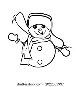 Cute snowman in a hat and scarf. Vector illustration in the doodle style. Suitable for anti-stress and children's coloring books