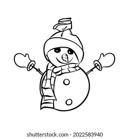 Cute snowman in a hat and scarf. Vector illustration in the doodle style. Suitable for anti-stress and children's coloring books