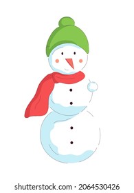 Cute snowman in hat and scarf. Vector holiday illustration in flat style