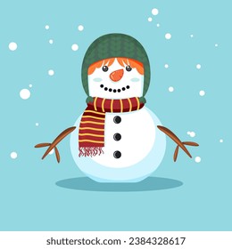 Hombre de nieve lindo en sombrero y bufanda, ilustración vectorial