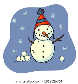 Cute snowman in hat, snowballs and snowflakes, it is snowing. Winter time, seasonal fun games. Symbols of holidays New Year, Christmas. Change of seasons vector concept