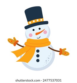 Cute snowman in hat, warm scarf and mittens. Cartoon winter character. Nursery art scandinavian style. 
