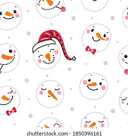Cute Snowman Heads. Christmas Seamless Pattern. Winter Holiday Vector Background with Cartoon Funny Doodle Snowmen Faces. Winter Holidays, Christmas, New Year Design