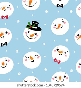 Cute Snowman Heads. Christmas Vector Seamless Pattern. Winter Holiday Background with Cartoon Funny Doodle Snowman Faces. Winter Holidays, Christmas and New Year Design