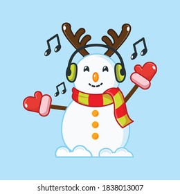 cute snowman hearing music with earphone