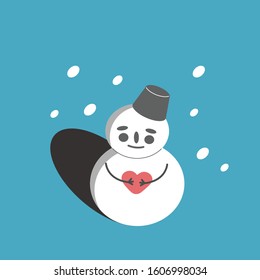 Cute snowman with heart in the winter isolated on blue background. Season greeting card or poster for Valentine's Day.