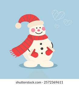 Cute snowman with hearts on a blue isolated background. For New Year and Christmas card. Flat vector illustration