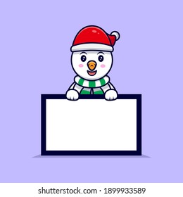 Cute Snowman Holding  a Blank Text Board Mascot Cartoon Vector Illustration. 
