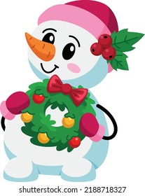 Cute snowman holding christmas wreath. Winter holiday mascot