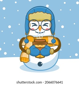 Cute snowman holding a cup of coffee cartoon character