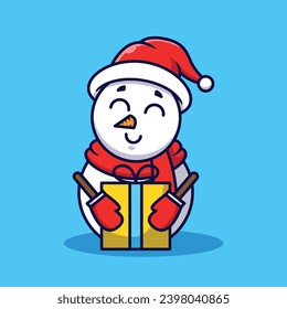 Cute Snowman Holding Gift Vector Cartoon Illustration Isolated